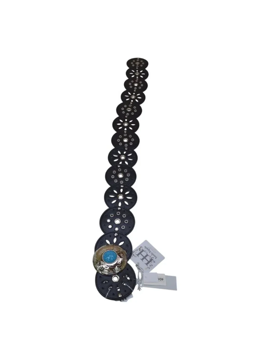Haute Hippie Black Faux Leather Disc Belt With Silver & Turquoise Buckle Accent